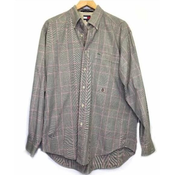 Tommy Hilfiger Mens Tan Black Red Plaid Logo Long Sleeve Button Down Shirt M - Picture 1 of 3
